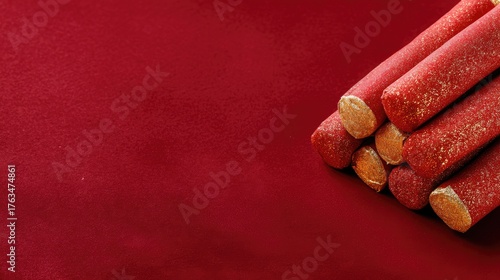 Colorful Red Chalk Sticks Piled on Rich Red Felt Surface for Creative Art Projects and Craft Activities