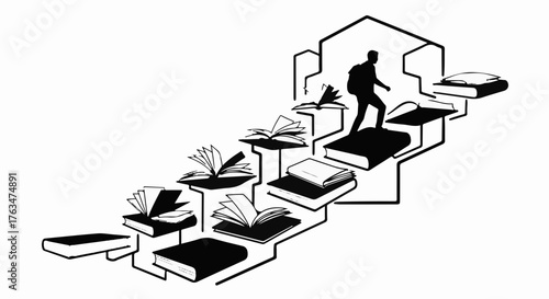 Silhouette of a person climbing stairs made of open books, symbolizing knowledge and education journey.