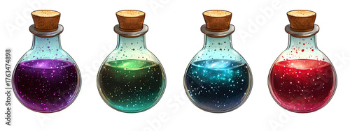 Four potions purple, green, blue, red, in glass bottles with corks