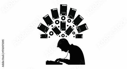 Person silhouetted, immersed in digital data and information flow