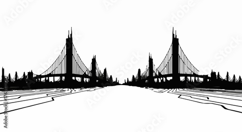 Symmetrical futuristic cityscape with towering structures and dramatic perspective