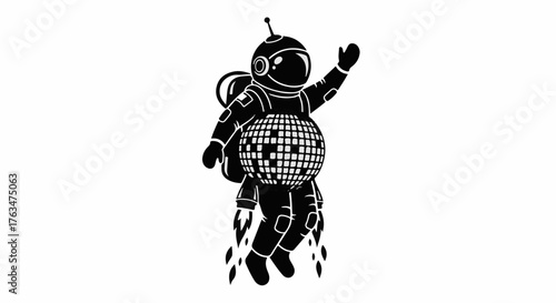 Whimsical astronaut with a disco ball torso waves hello while flying through space