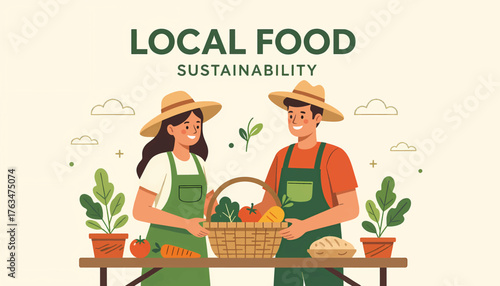 Local food and sustainability concept. A farmer couple holding a basket of fresh organic vegetables. Flat design vector illustration