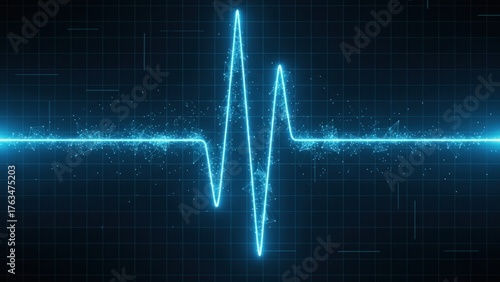 Neon blue pulse line on digital grid background showing heartbeat data for smart healthcare and cardiologist research