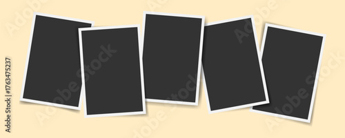 Vertical photo frame layout. Scattered five picture frame template. Blank retro photo display. Portrait photo placeholder design. Overlapped Print card mockup