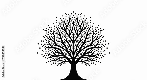 Intricate black tree silhouette with delicate branches and numerous small leaves against a clean white background.