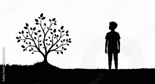 Young boy silhouetted against a bright sky, gazing up at a leafy tree on a grassy hill.