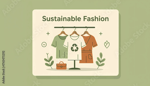 Sustainable fashion concept illustration. Flat vector graphic of eco-friendly clothes on a rack with a recycling symbol. Ethical and conscious consumerism banner