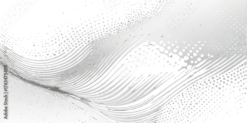 Black and white abstract background design with flowing wave vector lines and a halftone pattern texture