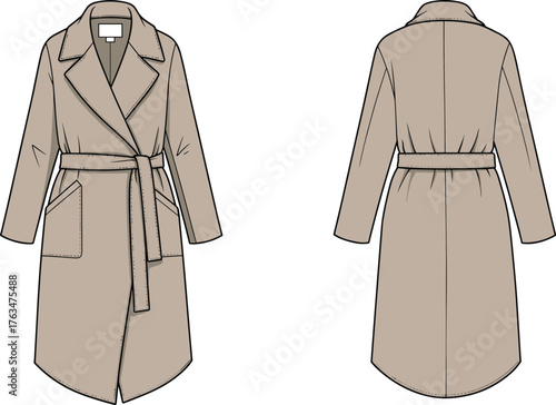 Fashion vector illustration of women’s trench coat front and back view with belt, lapels, pockets, garment design template
