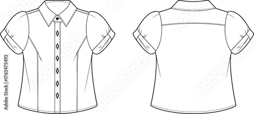 Women’s blouse vector illustration, front and back view, puff sleeve button‑down with collar and princess seams, fashion CAD drawing, apparel flat sketch