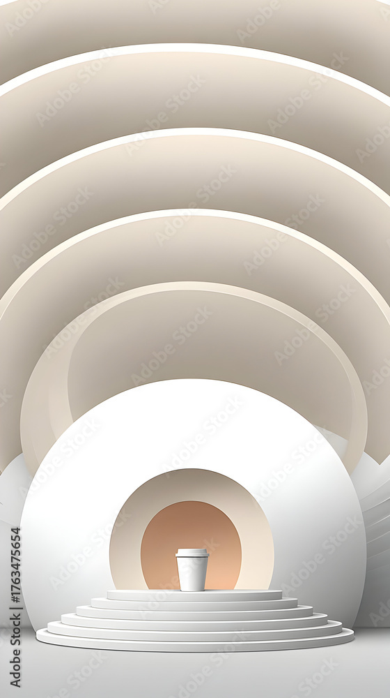 Naklejka premium of coffee on round white table surrounded by empty background and clean composition