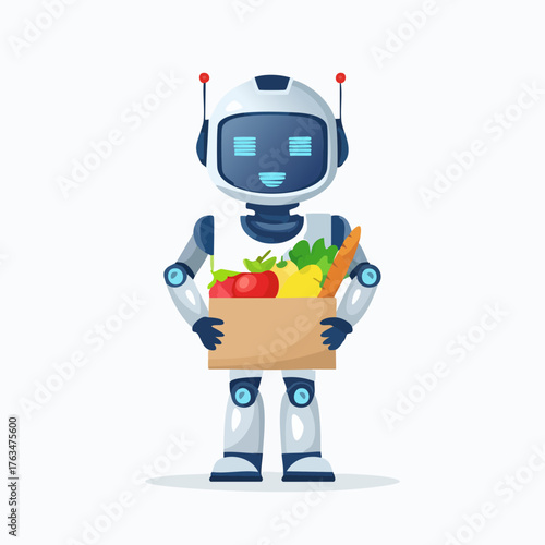 Friendly Robot Delivering Fresh Groceries in a Cardboard Box.