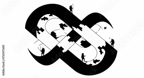 Tiny figures navigate an endless loop of abstract paths, symbolizing complex journeys and challenges.