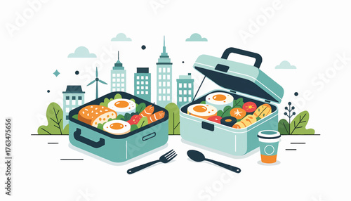 Healthy bento lunch boxes with food. Urban lifestyle and meal prep concept. Flat design vector illustration with a city skyline background
