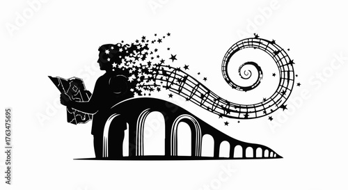 Silhouette of a person reading a book, with musical notes and stars flowing like a bridge to a swirling symphony.