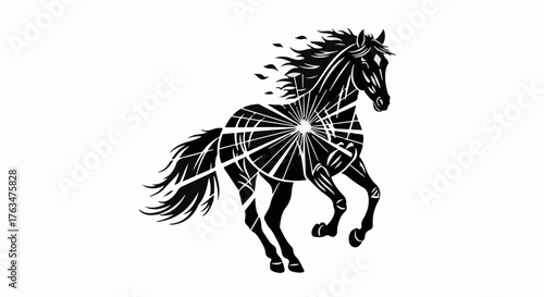 Dynamic black horse with radiating geometric patterns and fragmented mane on a white background, symbolizing power and speed.