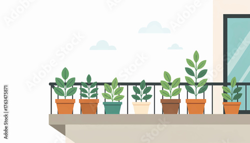 Balcony garden with various potted plants. Urban home gardening and decor concept. Modern flat design vector illustration