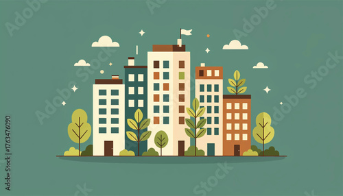 Minimalist cityscape illustration with apartment buildings and green trees. Flat vector graphic for urban living and real estate concepts