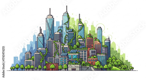 A vibrant illustration of a sustainable city, integrating nature with modern architecture.