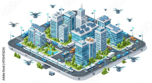 Isometric illustration of a modern city with high-rise buildings, solar panels, drones, cars, buses, and a train, showcasing smart city technology.