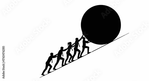 Teamwork and shared effort pushing a large sphere uphill to achieve a common goal.