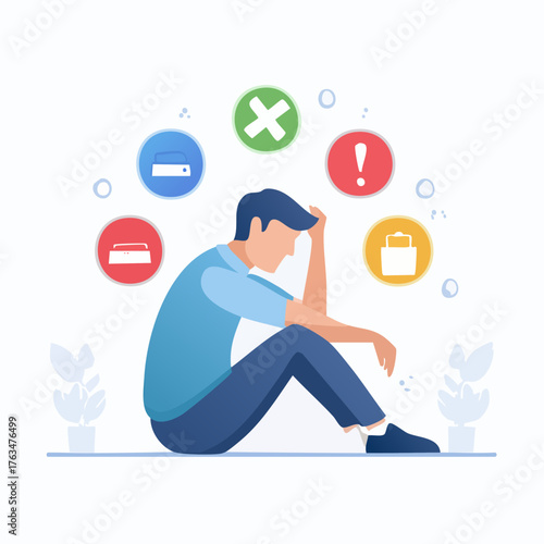 Man Experiencing Stress and Anxiety with Negative Thought Bubbles.