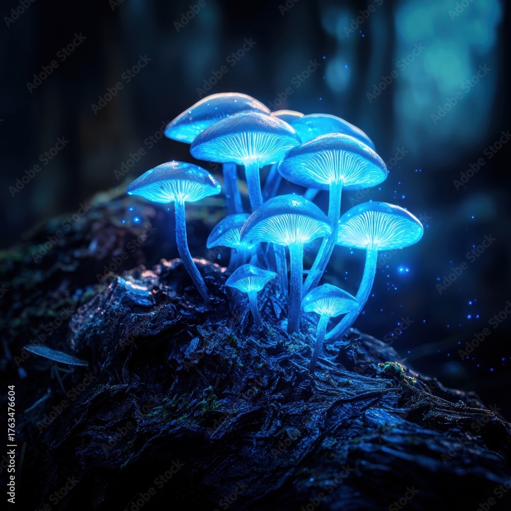 Fototapeta premium Glowing mushrooms create a magical atmosphere in a mystical forest at twilight