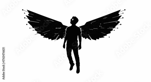 Silhouette of a person with abstract, fragmented wings against a white background, symbolizing transformation or ascension.