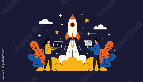 Rocket launch symbolizing a new business startup. Teamwork and innovation concept with people holding laptops. Flat vector illustration