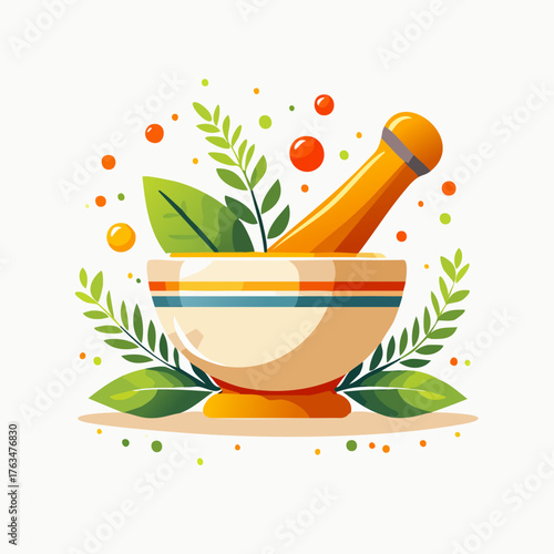Mortar and Pestle with Herbs - Natural Medicine Illustration.