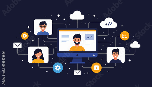 Digital network and remote work concept. Flat vector illustration of people in a virtual meeting with cloud and communication icons