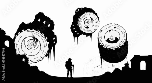Lone traveler observes colossal ancient ruins and mysterious floating orbs against a stark sky.