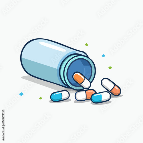 Pills spilling out of a bottle illustration.