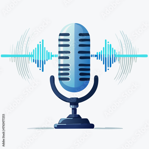 Professional microphone recording audio waves for podcasting and broadcasting.