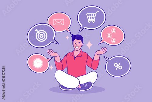 A happy businessman juggles business icons, showing multitasking. He easily manages an e-commerce strategy, time, sales targets, and team communication, representing an all-in-one solution.