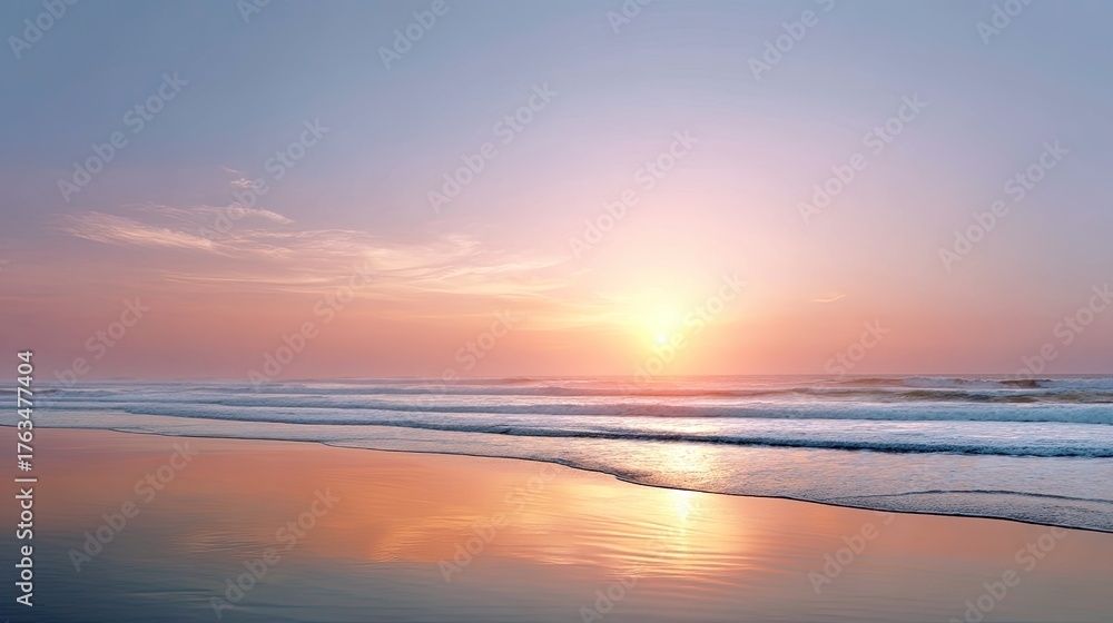 Fototapeta premium Tranquil Sunrise Over Beach with Gentle Waves and Soft Pastel Skies at Dusk