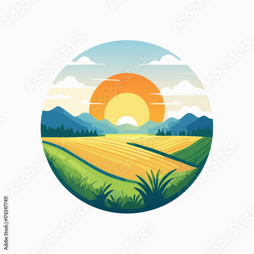 Scenic Farmland Landscape at Sunrise in Circular Design.