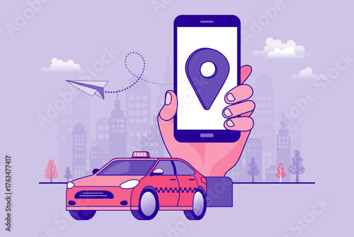 Booking a taxi or ride-hailing service with a mobile app. A hand holds a smartphone showing a location pin for GPS navigation, with a cab waiting in the city for on-demand transport.