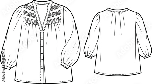 Women’s blouse vector illustration, front and back view, V‑neck button down with smocking detail and puff sleeves, fashion CAD flat sketch