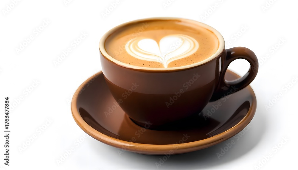 Fototapeta premium Side view of hot latte coffee with latte art in a ceramic green cup and saucer isolated on white background with clipping path inside. Image Stacking Techniques.