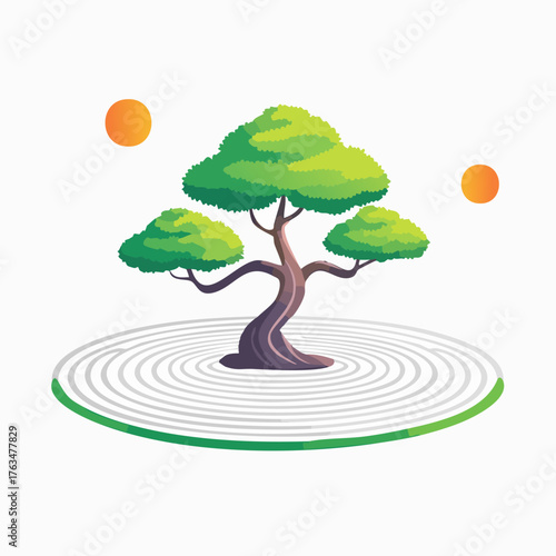 Stylized Bonsai Tree in Zen Garden with Orbs.