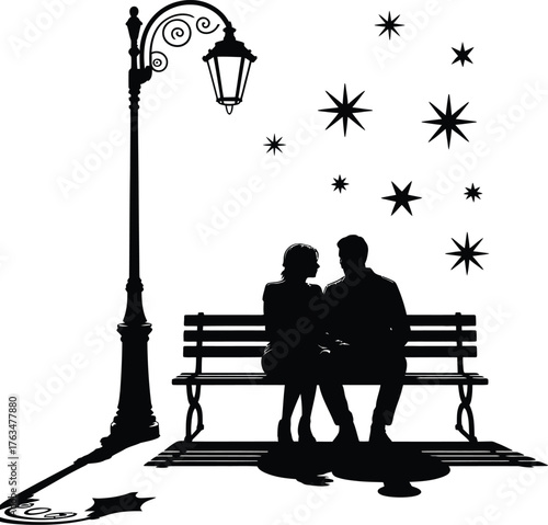 Romantic couple on a bench under a starry night sky with a lamppost silhouette