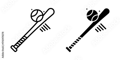 Baseball icon set. A minimalist icon illustration of a baseball bat and ball, perfect for sports themed designs or logos. Isolated on white background.