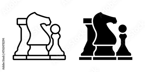 Chess icon set. Minimalist line art illustration of chess pieces featuring a rook, knight, and pawn. Depicts strategic game elements, simple style. Isolated on white background.