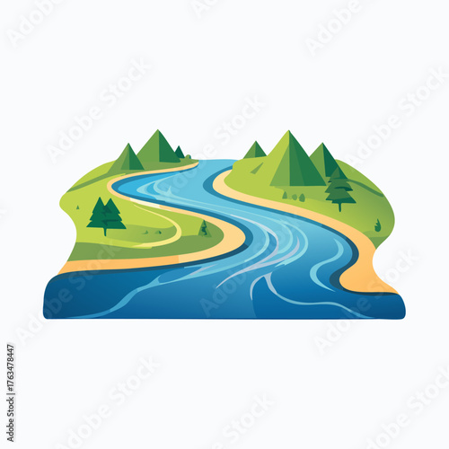 Winding River Landscape with Green Mountains and Trees.