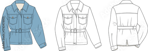 Women’s denim jacket vector illustration, belted waist with buckle, front and back view, flap pockets, fashion CAD flat sketch