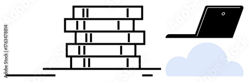 Stack of servers beside a laptop connected to a cloud, representing cloud storage, data management, and technology integration. Ideal for IT, networking, remote access, security, infrastructure