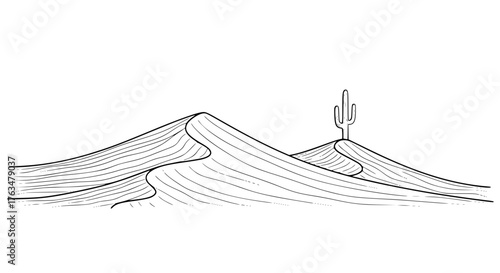 Minimalist desert landscape with sand dunes and a cactus, pure black lines, abstract composition, centered illustration