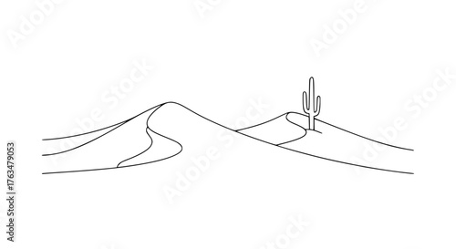 Minimalist desert landscape with sand dunes and a cactus, pure black lines, abstract composition, centered illustration